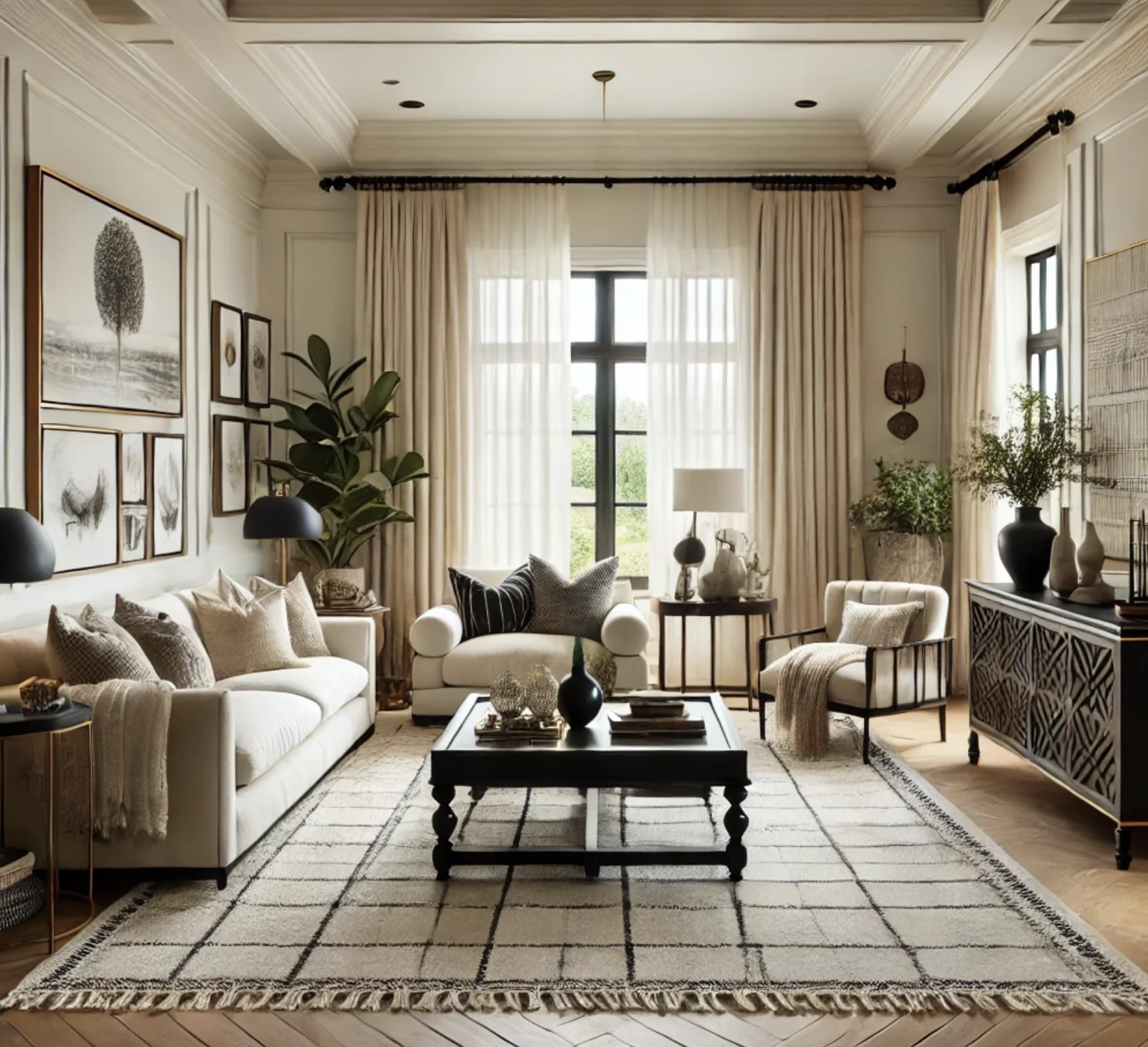 ransitional-style living room with a cream sofa, bold black accents in the rug and decor, and a curated mix of modern and traditional elements. It feels fresh, stylish, and perfectly balanced.